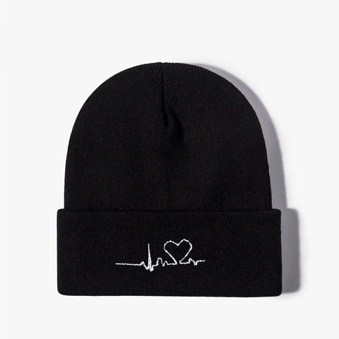 Knitted Beanie Hat Acrylic Warm Winter Autumn Heart ECG Embroidery Minimalist Casual Outdoor For Men Women