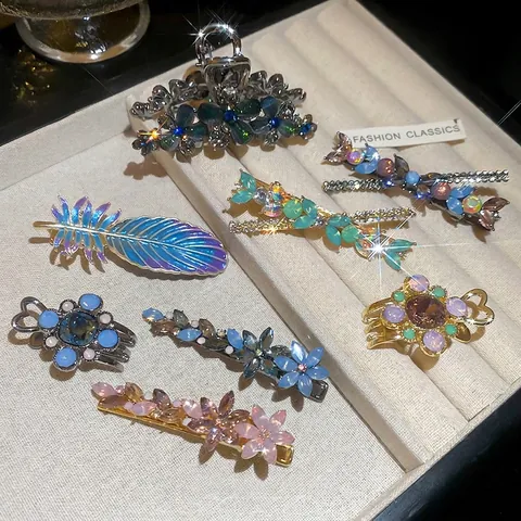 Feather Flower Hair Clip Alloy Enamel Rhinestone Duckbill Clip Hair Claw Gradient Color Elegant Hair Accessories For Women