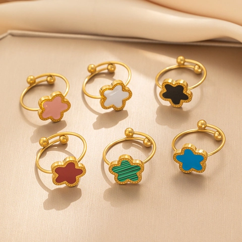 Stainless Steel Clover Flower Adjustable Ring For Women Gold Plated Lucky Five Leaf Flower Resin Shell Open Finger Ring