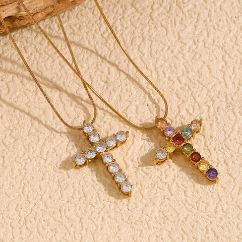 Collana Con Pendente A Croce Acciaio Inossidabile Placcato Oro 18K Zirconia Cubica Colorata Catena Serpente Moda