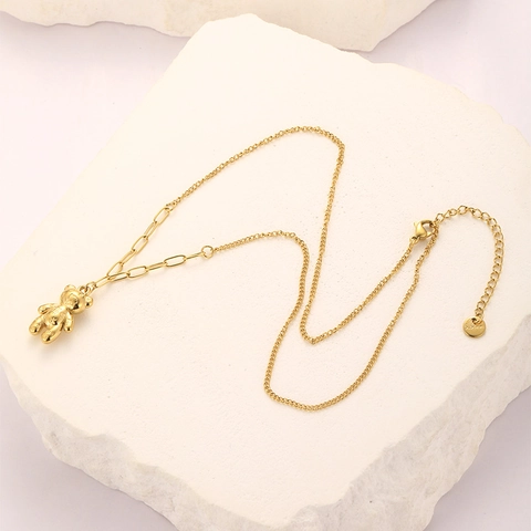 Edelstahl 18K Vergoldete Bär Anhänger Halskette Für Damen Büroklammer Kabel Kombinierte Kette Mode Schmuck