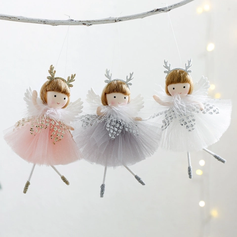 Ciondolo Angelo Di Natale Tulle Glitter Corna Piuma Ala Bambola Elfo Ornamento Da Appendere Per Decorazione Di Festa Dell Albero Di Natale