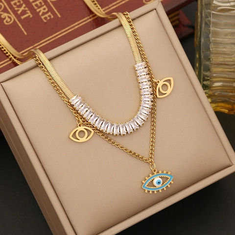Evil Eye Double Layer Necklace Bracelet Earrings Stainless Steel Blue Enamel Zircon Gold Jewelry For Women