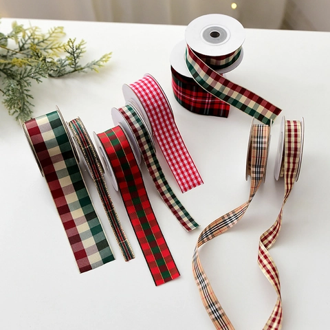Christmas Ribbons Gingham Plaid Glitter Mesh Polyester Fabric DIY Bows Gift Wrap Holiday Tree Decor Bronzing Pattern