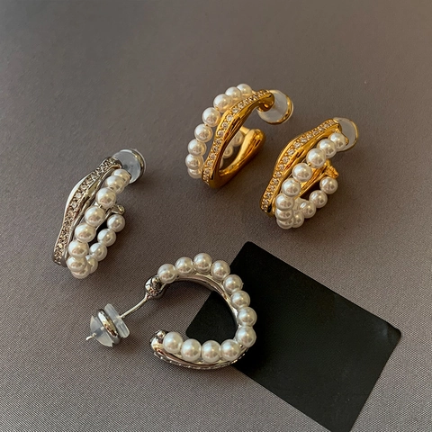 Eleganti Orecchini A Cerchio A Forma Di C Con Künstliche Perle Sintetiche E Strass Perno In Argento 925 Sterling Per Donna