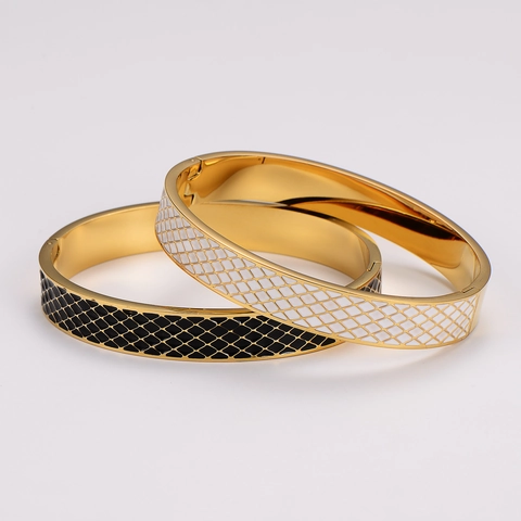 Vintage Diamond Lattice Bangle 304 Stainless Steel Enamel Hinged Cuff Bracelet Fashion Jewelry For Women