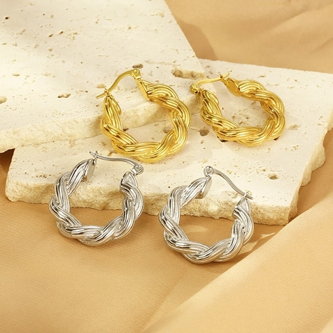 Stainless Steel U-Shaped Twisted Rope Hoop Earrings 18K Gold Plated Geometric Textured Minimalist Huggie Earrings For Women