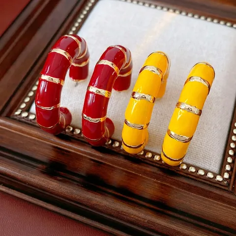 Vintage C-Förmige Creolen Mit 925 Sterling Silber Ohrstecker Legierung Emaille Bambus Stil Gold Gestreift Für Frauen