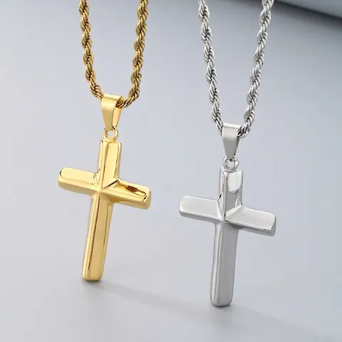 Collar Con Colgante De Cruz Acero Inoxidable Pulido Cadena De Cuerda Minimalista Religioso Joyería De Diseño Para Hombres Mujeres