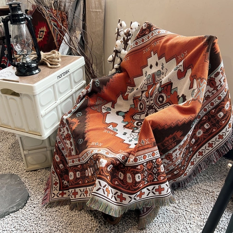 Coperta Tessuta Bohémien Motivo Geometrico Misto Cotone Frange Di Nappe Copridivano Campeggio All'Aperto Tappeto Vintage