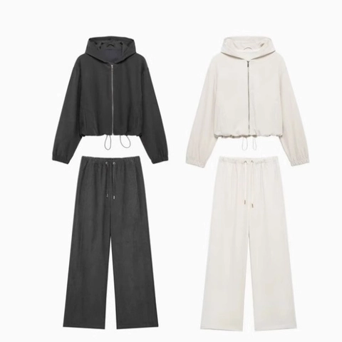 Women Hooded Zipper Jacket And Wide Leg Trousers Polyester Casual Streetwear Fashion Outfits For Outdoor Daily Activities