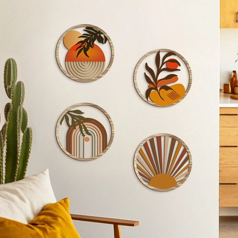 Bohemian Round Wooden Wall Decor Hollow Out Abstract Art Hanging Signs For Living Room Home Office