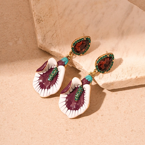 Vintage Flower Dangle Earrings Alloy Enamel Rhinestone With 925 Sterling Silver Earring Post Retro Court Style Jewelry For Women
