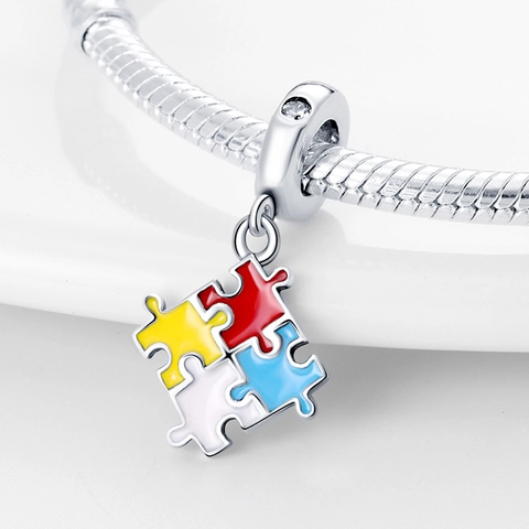 Colorful Enamel Puzzle Shape Dangle Charm Silver Plated Copper Sparkling Zirconia For DIY Bracelet Jewelry Making