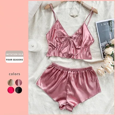 Damen Satin Pyjamas Camisole Top Und Shorts Imitation Satin Schlafanzug V Ausschnitt Schleife Lingerie Homewear Weich