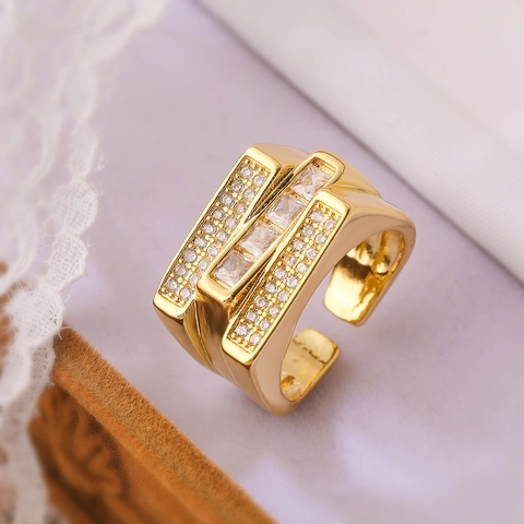 Copper 18K Gold Plated Zirconia Geometric Open Ring For Women Personalized Adjustable Exaggerated Fashion Finger Jewelry