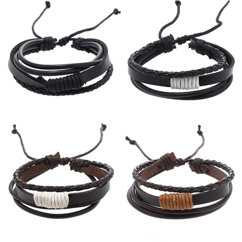 Bracelet En Cuir Tressé Multicouche Vintage Cordon En Cuir De Vachette Fait Main Réglable Style Punk Pour Hommes Femmes