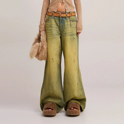 Wide Leg Jeans Women Vintage Yellow Wash Distressed Loose Straight Denim Retro Y2K Streetwear Long Trousers