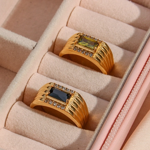 Fashion Rectangle Zirconia Ring Stainless Steel 18K Gold Plated Grooved Band Jewelry For Women Vintage Luxury Style