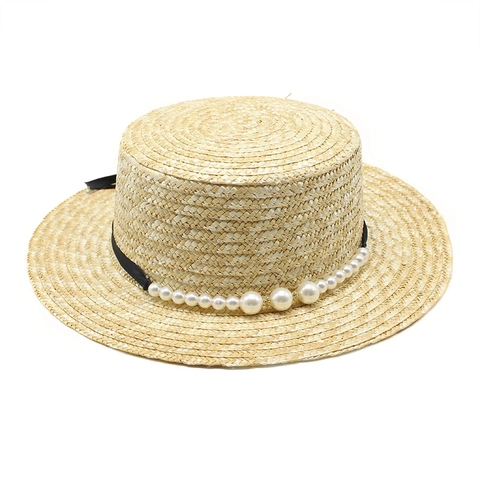 Cappello Di Paglia Da Donna Con Künstliche Perle E Nastro Tesa Larga Protezione Solare Stile Retrò Francese