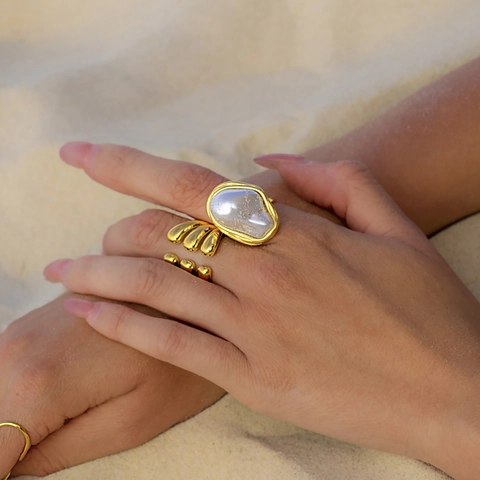 Stainless Steel Adjustable Ring Baroque Imitation Artificial Pearl Multi Layer Irregular Waterproof Hypoallergenic Jewelry Women