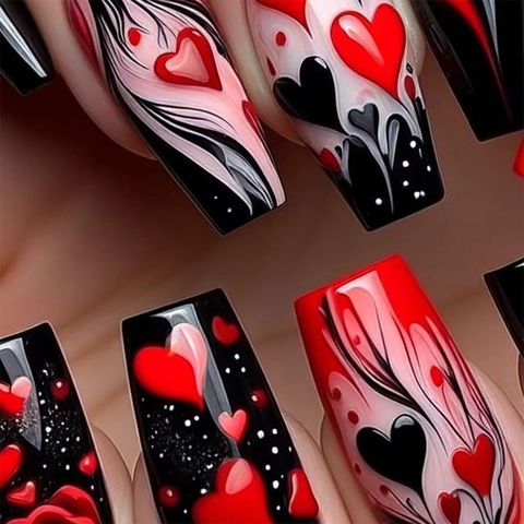 Uñas Postizas Largas Tipo Ataúd Diseño Corazón Rosa Rojo Negro Blanco Estilo Gótico Para Mujeres San Valentín