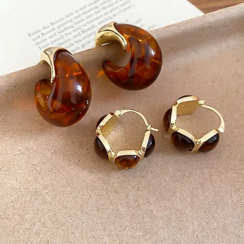 Retro Bernstein Harz Creolen Mit 925 Sterling Silber Ohrstecker Französisch Vintage Geometrische C-Form Schmuck Für Damen