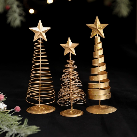 Golden Iron Christmas Tree Desktop Ornament Spiral Metal Craft With Star Topper Glitter Mini Holiday Table Decoration