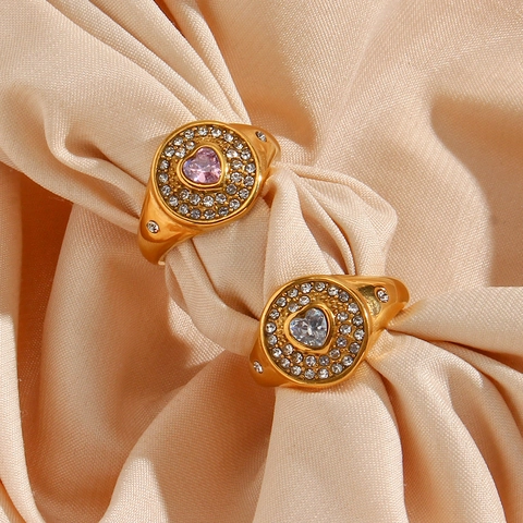 Anillo de Corazón de Acero Inoxidable Chapado en Oro con Circonia para Mujer Anillo de Dedo Geométrico de Strass Regalo