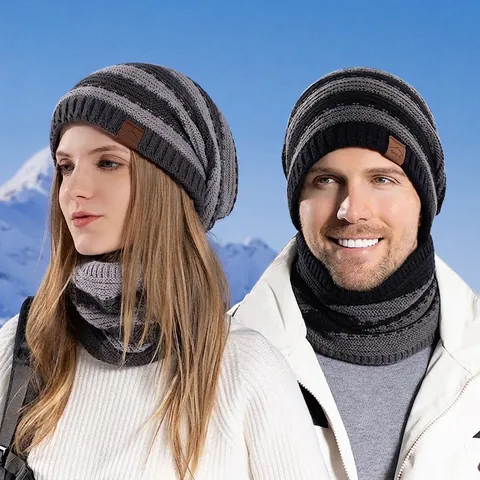 Cappello Beanie E Scaldacollo Sciarpa Maglia Acrilico Righe Foderato In Pile Caldo Spesso Outdoor Sportivo Per Uomo Donna