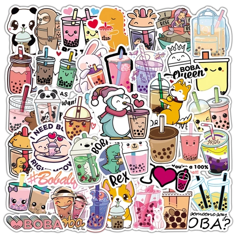 Pegatinas Dibujos Animados Té Boba Café Animales Impermeable PVC Decorativas Para Portátil Botella Maleta Scrapbooking Lindo