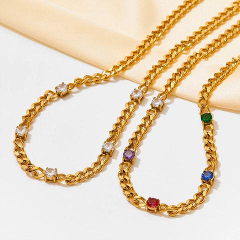 Stainless Steel Cuban Link Necklace With Colorful Cubic Zirconia Round Stones Clavicle Chain Sweet Cool Style For Women
