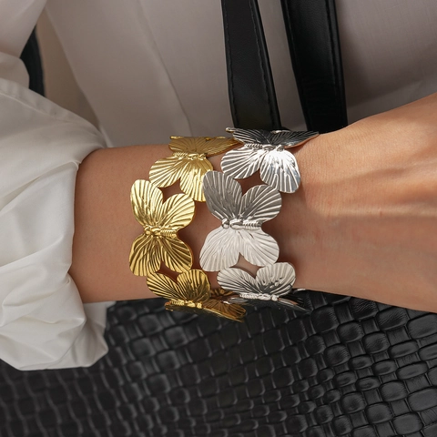 Butterfly Open Bangle Iron Metal Textured Hollow Carved Adjustable Cuff Bracelet For Women