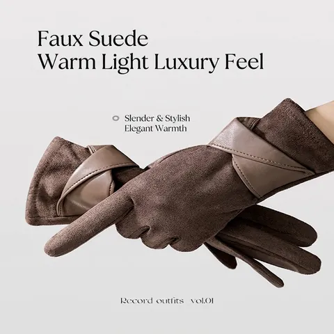 Women Winter Warm Gloves Artificial Leather Faux Suede Touch Screen Windproof Bow Fleece Lined Thickened Outdoor Gloves