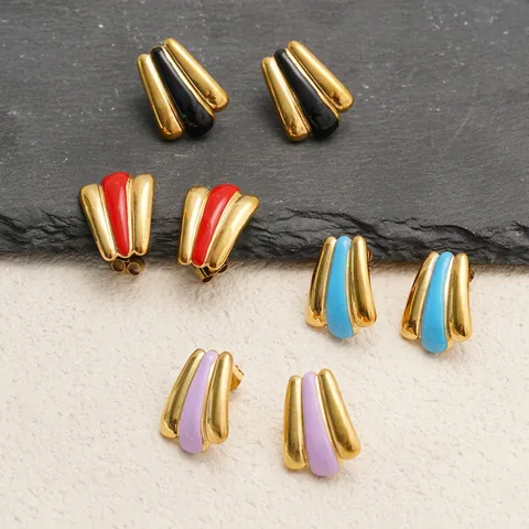 Fan Shaped Stud Earrings 304 Stainless Steel 18K Gold Plated Enamel Geometric Striped Retro Elegant Jewelry For Women