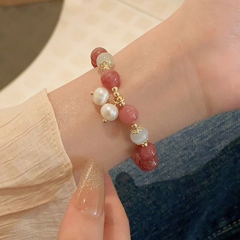 Bracciale Di Perline In Quarzo Fragola Con Ciondolo A Fiore In Perla Artificial Di Conchiglia Gioielli Elastici Per Donna