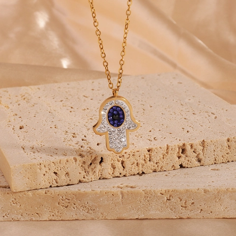Hamsa Hand Evil Eye Pendant Necklace Stainless Steel Rhinestone Blue Heart Personalized Jewelry For Women Party Gift