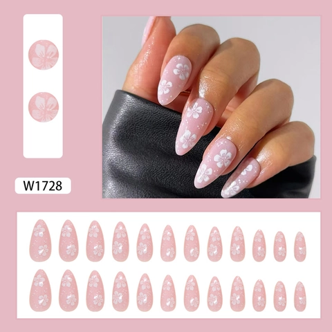 Press On Nägel Rosa Weiß Kirschblüten Muster Mandelform Glitzer Falsche Nägel Für Frauen Süß Modisch