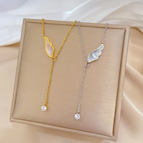 Angel Wing Mother Of Artificial Pearl Y-Necklace Titanium Steel Gold Plated Zircon Drop Minimalist Delicate Jewelry For Women