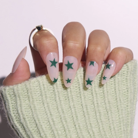 Unghie Finte A Pressione Stella Verde Forma A Mandorla Rosa Nude Traslucido Lucide Per Donne Manicure DIY