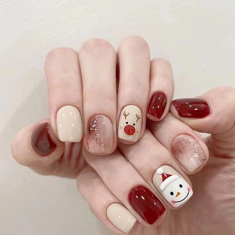 Christmas Press On Nails Square False Nails Reindeer Snowman Pattern Wine Red White Gradient Glitter Artificial Nails