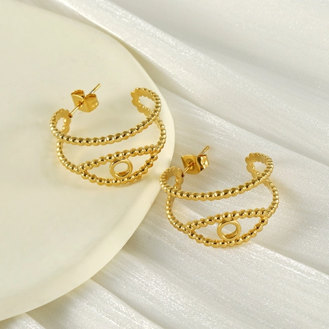 Boucles D'oreilles Créoles En Forme De C Creuses Acier Inoxydable Plaqué Or 18K Texture Perlée Style Boho Femmes