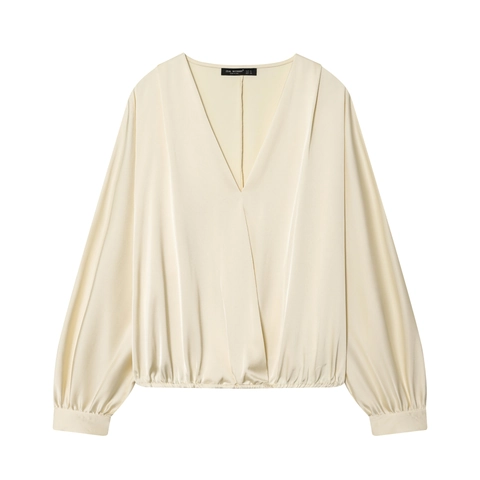 Blusa De Mujer Textura Satén Manga Larga Cuello V Parte Delantera Cruzada Elegante Color Sólido Dobladillo Elástico