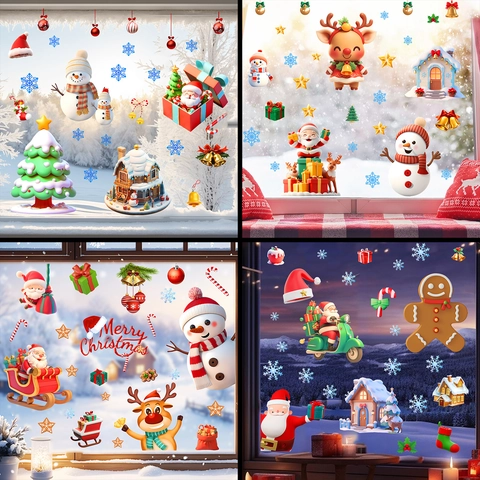 Christmas Window Clings Santa Claus Snowman Reindeer PVC Static Cling Stickers 3D Cartoon Holiday Home Decor For Glass