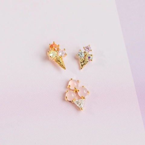 Brass Zircon Cartilage Stud Earrings With Silver Earring Post Cute Sweet Ice Cream Heart Candy Shape Screw Back Jewelry