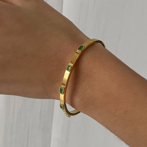 Braccialetto Rigido in Acciaio Inossidabile con Strass Verdi da Donna Oro Argento Placcato Geometrico Regolabile Gioielli di Moda Regalo