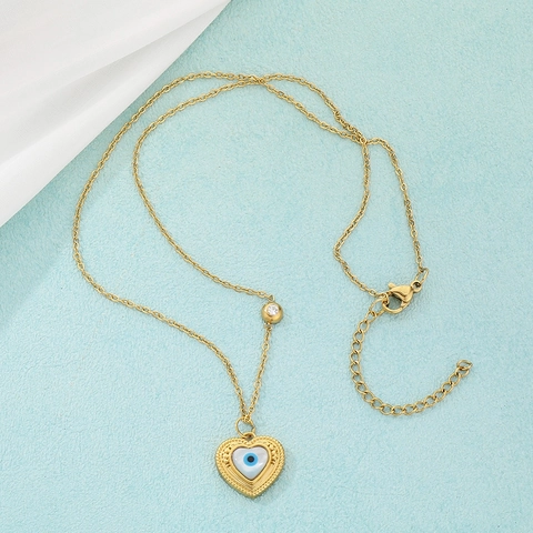 Collar Y Pendientes Ojo Turco Corazón Acero Inoxidable Chapado Oro 18K Nácar Moda Para Mujeres