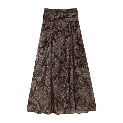 Damen Maxi Rock Mit Hoher Taille Paisley Print Boho A-Linie Chiffon Lange Röcke Vintage Gerafft