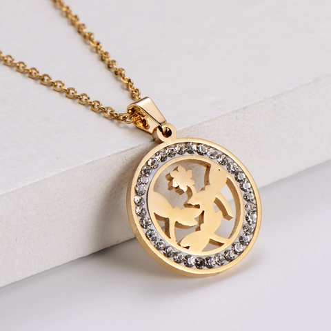 Juego De Joyas De Acero Inoxidable Colgante Libélula Redondo Hueco Strass Collar Y Pendientes Dorado Elegante
