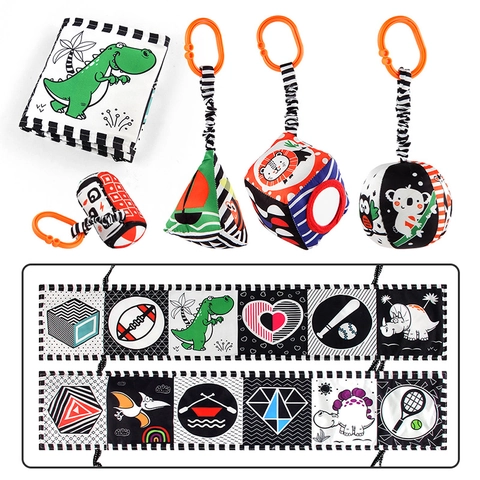 High Contrast Black White Baby Cloth Book Newborn Sensory Toys Squeaky Rattle Crib Bumper Hanging Soft Plush Polyester
